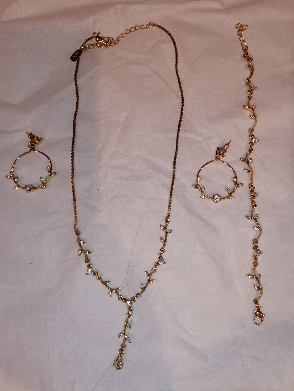 1928 Vintage Gold Branch Delicate Crystal Necklace, Bracelet & Hoop Earring Set